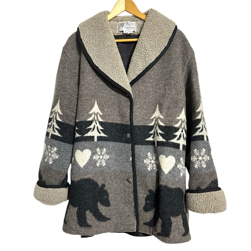 Gallery Vintage 80’s Wool Blend Gray Black Bear Snowflake Tree Scene Lined Coat - Picture 1 of 13